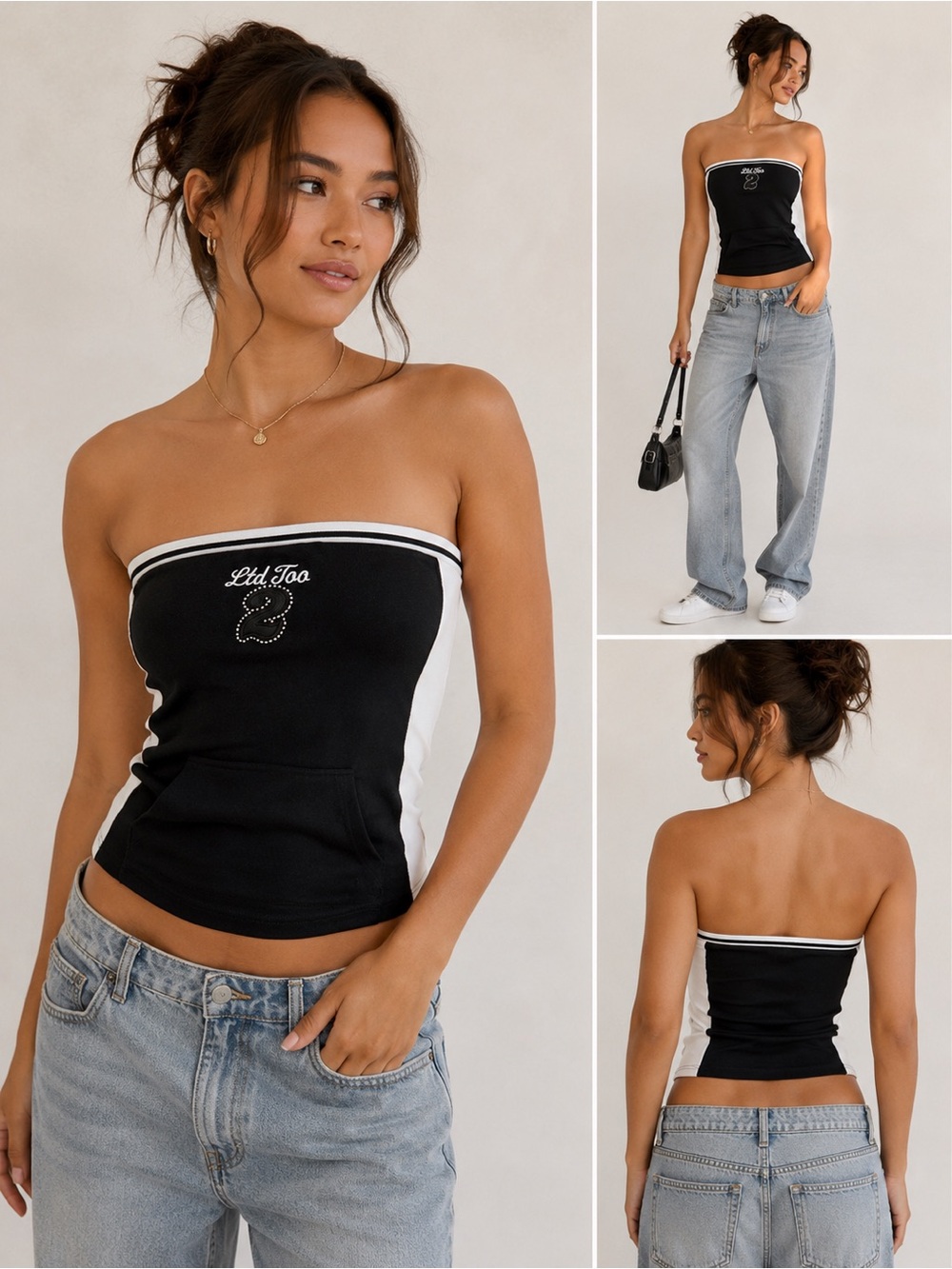 Limited Too Y2K Black White Rhinestone Tube Top Strapless 2000s M